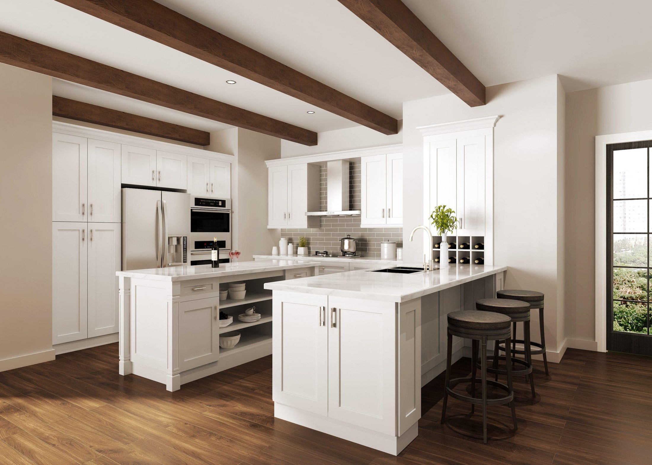 Bright kitchen with white shaker cabinets and a large island